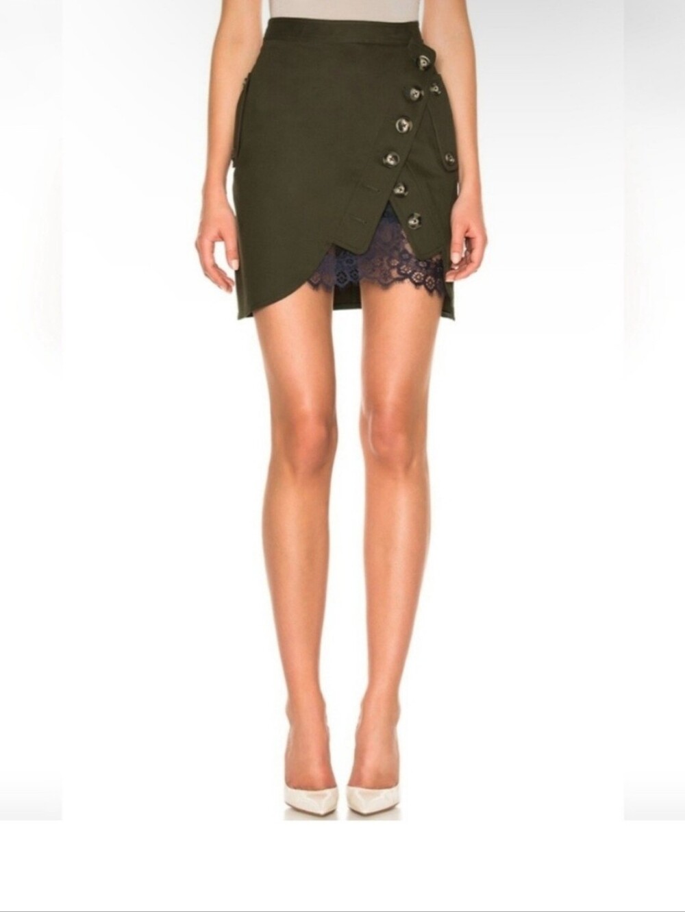 Self Portrait Olive Lace-Trim Asymmetrical Mini Skirt Size 6